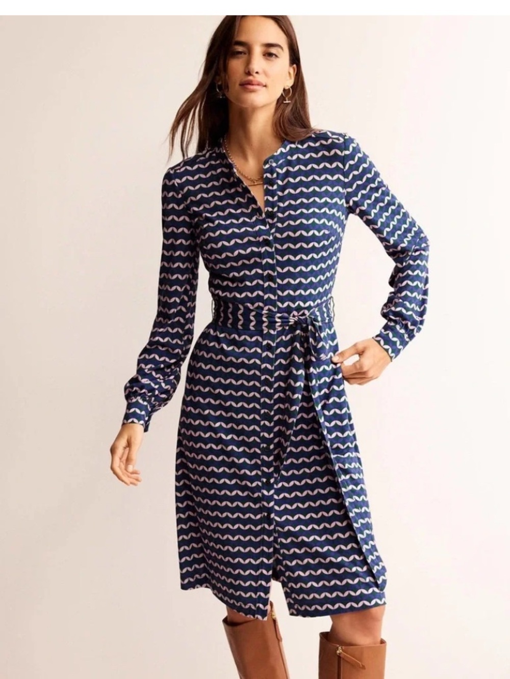 Boden Navy and Light Pink Wave-Print Midi Shirt Dress